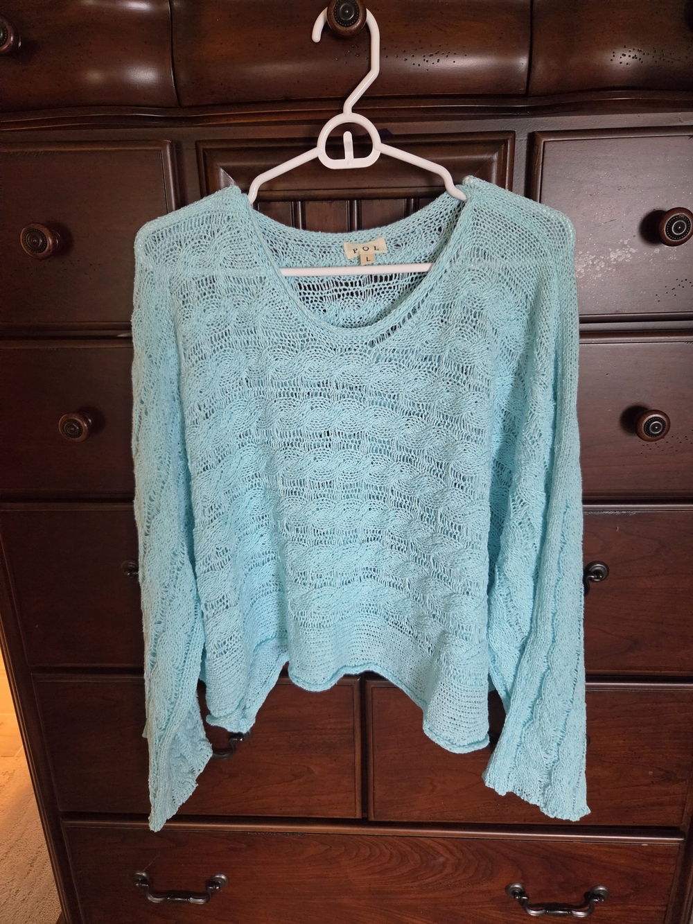 POL Aqua Blue Open-Weave Scoop Neck Sweater